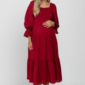 Red Square Ruffle Neck Smocked Maternity Midi Dress Size Large